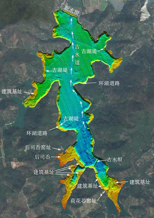 上林湖三维数字模型及部分水下遗存分布示意图
