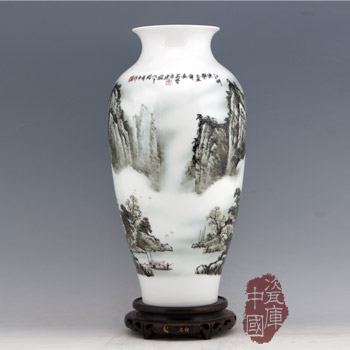 陶瓷艺术大师曾安楚手绘釉下五彩江畔渔歌莲子瓶