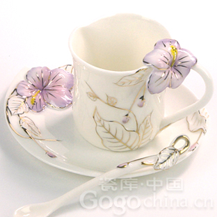 珐琅彩瓷时尚创意咖啡杯碟 紫色扶桑花