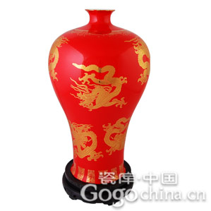描金九龙至尊高档中国红瓷花瓶
