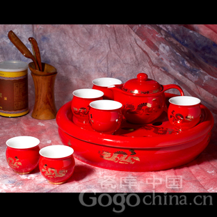 中国红龙凤呈祥大瓷盘红瓷茶具 春节礼品