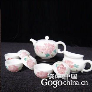 功夫茶具套装 釉下五彩牡丹茶具 顶级高白瓷手绘高档礼品茶具