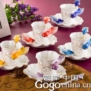 陶瓷金鱼咖啡杯套装 创意珐琅瓷欧式咖啡杯