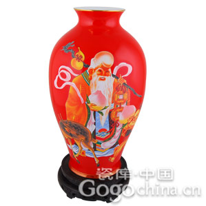福寿礼品寿星公红瓷花瓶