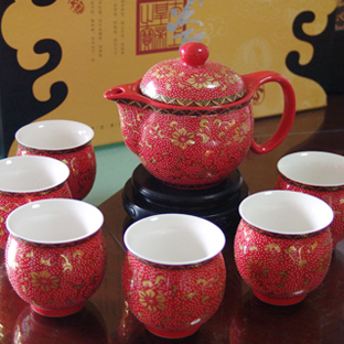 红金盏花三用壶陶瓷茶具 结婚礼物