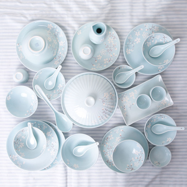 樱花物语日式餐具套装碗碟 手工印花 中式陶瓷碗盘