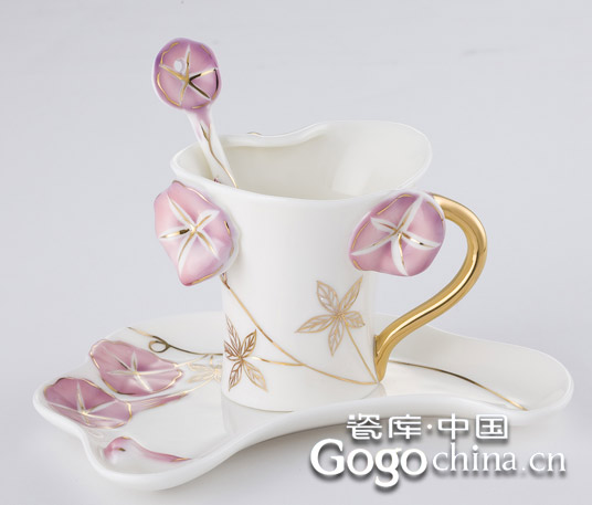 陶瓷欧式咖啡杯套装 牵牛花紫色咖啡杯碟整套