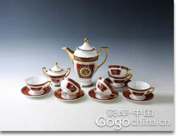 欧美红色旋律17头骨瓷咖啡具 经典出口瓷
