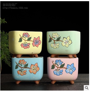 韩国手绘纹理花盆 创意植物花盆 陶瓷园艺有孔多肉花盆批发