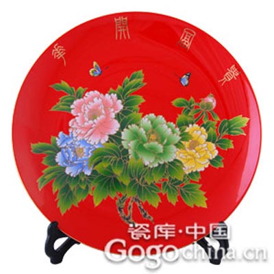 花开富贵10寸红瓷艺术瓷盘
