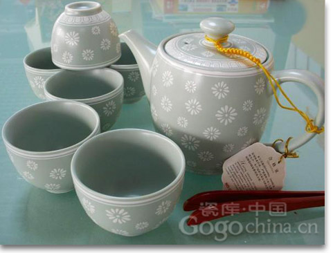 台湾陶瓷茶具 汝窑果绿色白菊花7头功夫茶具