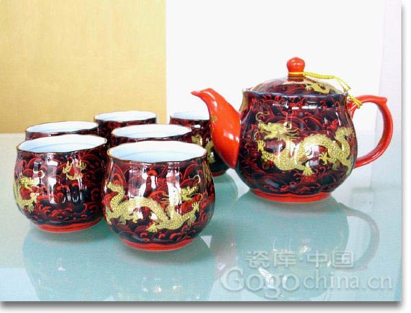 台湾茶具皇殿瓷高档浮雕红金龙花边口9头功夫茶具 双层陶