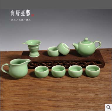 龙泉青瓷 10头陶瓷功夫茶具整套青瓷 商务礼品厂家批发