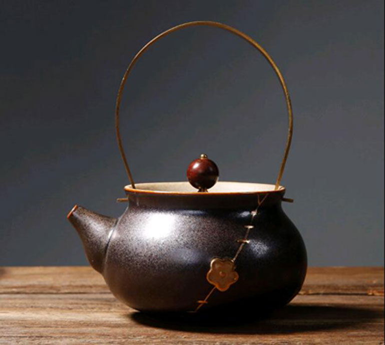 粗陶提梁茶壶 陶瓷手绘描金功夫茶壶